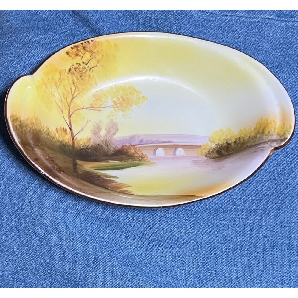 Noritake Handpainted vintage dish. Neutrals warm colors Yellow Brown Bridge